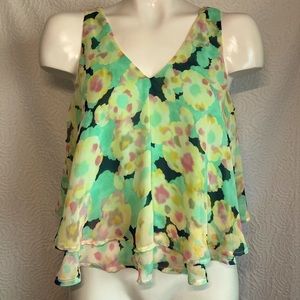LUSH Urban Outfitters Neon Green Floral Print Ruffle Tank Top Sleeveless Blouse